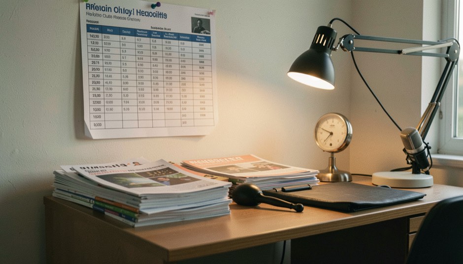 Magazine desk with a frequency chart pinned above it, stacked radio club newsletters, a microphone on a boom arm and a dial lamp glowing warm