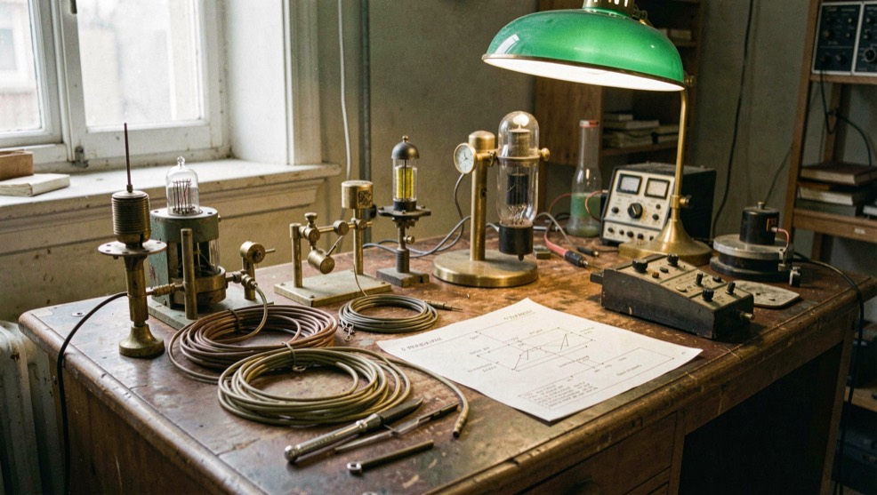 Vintage 1930s radio laboratory workbench with brass instruments, coiled wire, an oscilloscope style tube and a schematic sheet lit by a green shaded lamp