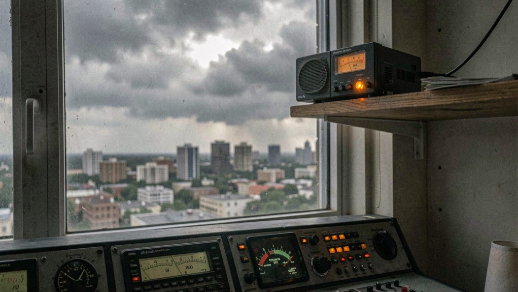 Weather radio receiver with its warning light glowing amber on a shelf above a broadcast console, a city under storm clouds visible through the window