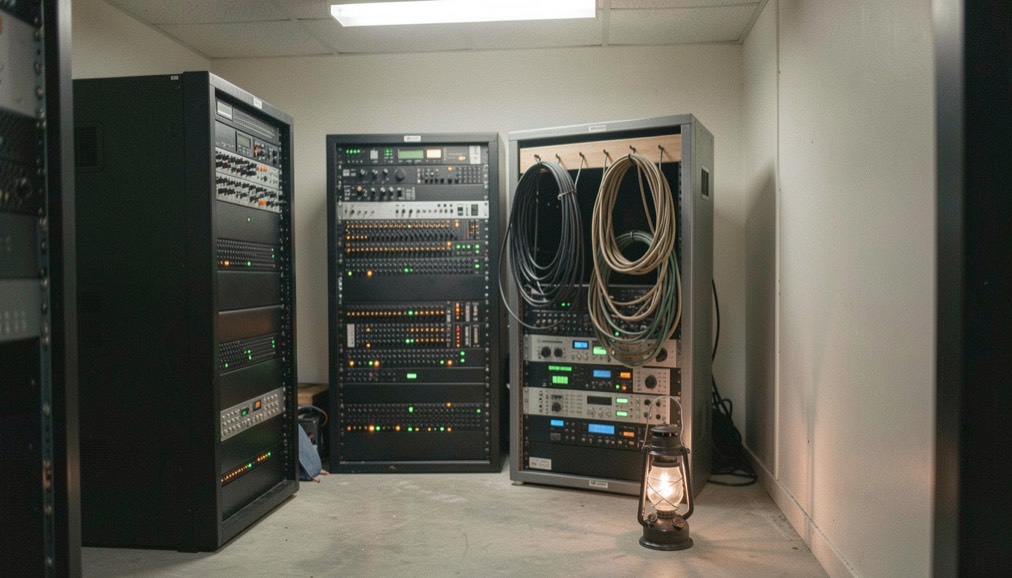 Broadcast equipment racks in a small radio station equipment room, rows of rack units with green and amber indicator lights, coiled cables hanging on hooks and a lit lantern on the concrete floor