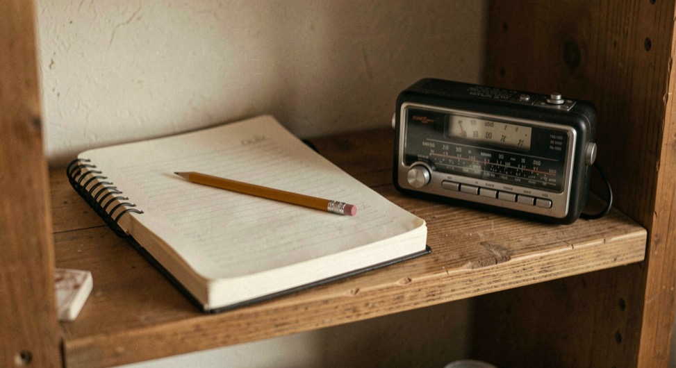 Closed field notebook with a pencil across it beside a small battery radio switched off on a wooden shelf in low warm light