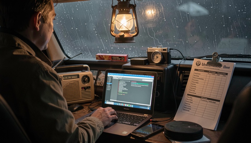 Volunteer broadcasting by lantern light during a storm blackout with a battery radio, a laptop on reduced brightness and a laminated checklist clipped to the console